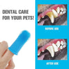 A blue silicone pet toothbrush being used on a cat's teeth before and after cleaning.