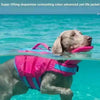 A Labrador dog wearing a bright pink and blue life jacket is swimming in clear blue water.