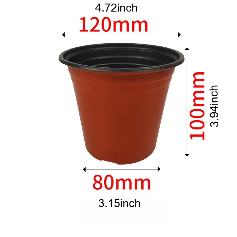 A terracotta-colored plastic nursery pot with a black rim, measuring 4.72 inches in diameter and 3.94 inches high.