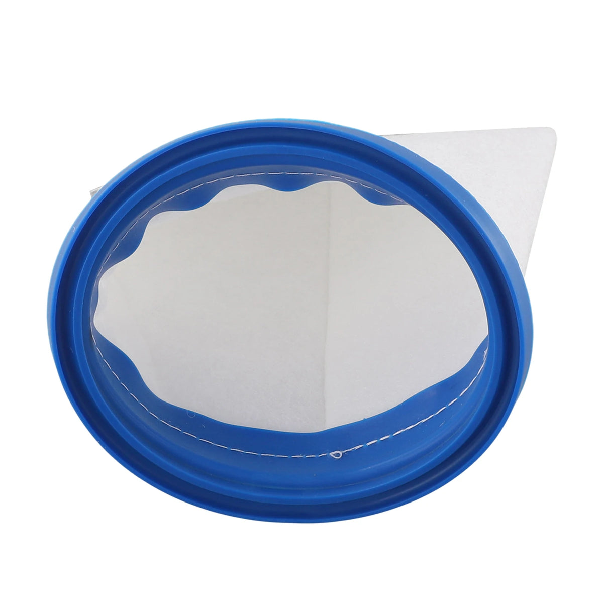 Blue reusable filter bag with a scalloped edge, used for pool cleaning.