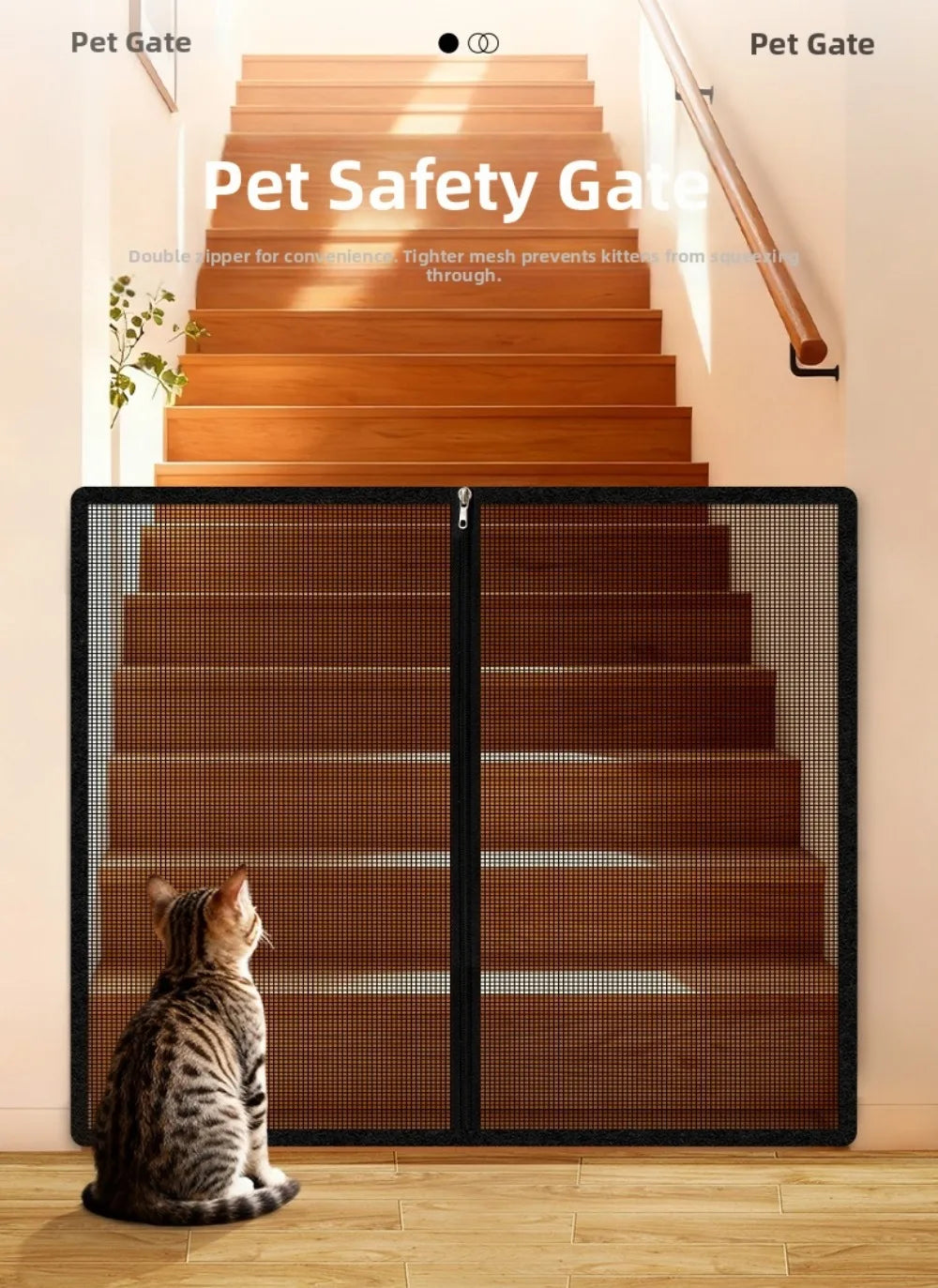 A foldable metal mesh pet safety gate installed on a wooden staircase, with a cat looking through the barrier.