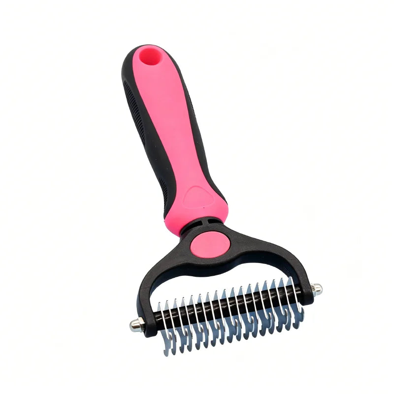 A pink and black 2-in-1 pet detangler comb and grooming brush with a flexible comb attachment.