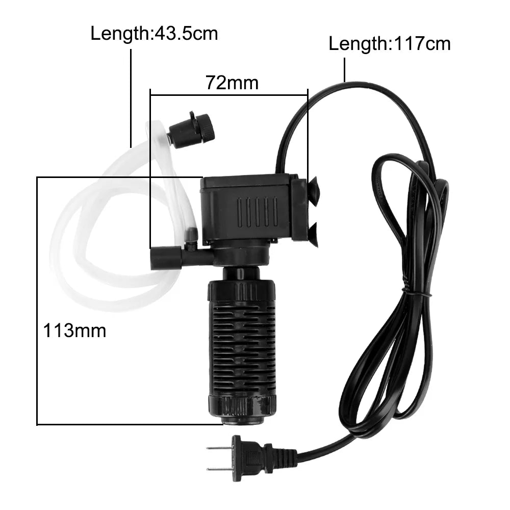 A compact submersible aquarium filter with oxygenation, showing its length and connection cable.