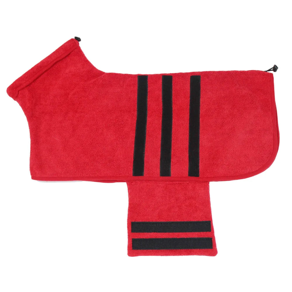 Red quick-dry microfiber dog robe with black stripes for a large breed dog