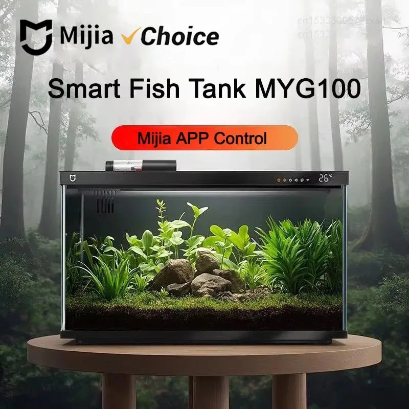 Un aquarium intelligent MYG100 exposé dans un enclos de verre avec une végétation aquatique luxuriante et des roches.