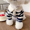 A white and navy striped dog hoodie worn by a fluffy dog, next to a small cake.