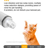 An orange kitten is shown next to a white electric pet nail grinder, demonstrating its use for pet grooming.