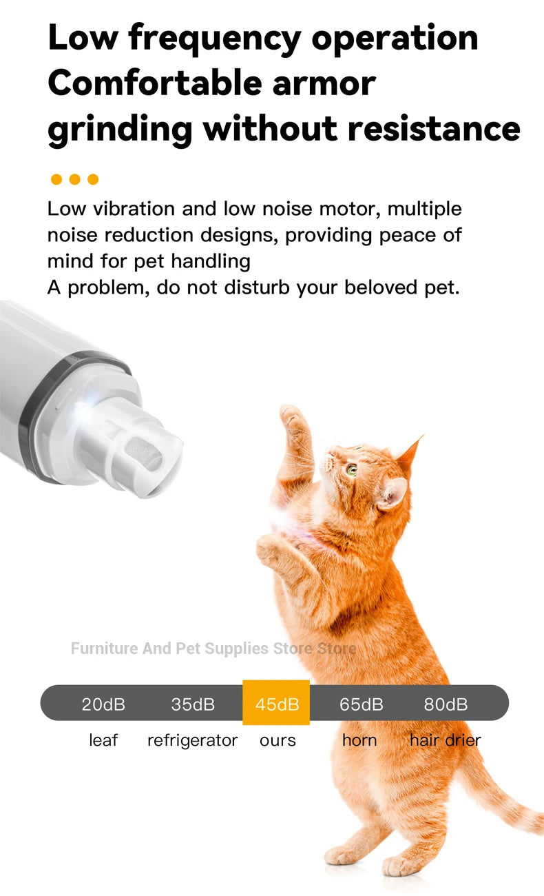 An orange kitten is shown next to a white electric pet nail grinder, demonstrating its use for pet grooming.