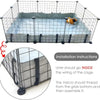 Cage à chiot en fil clair avec doublure grise et sangles Velcro noires, montrant les instructions d'installation.