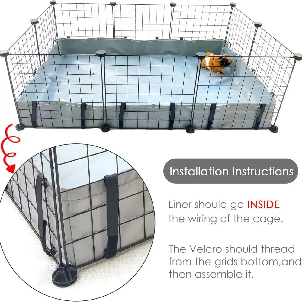 Cage à animaux en fil clair avec garnissage gris et sangles Velcro noires, montrant les instructions d'installation.