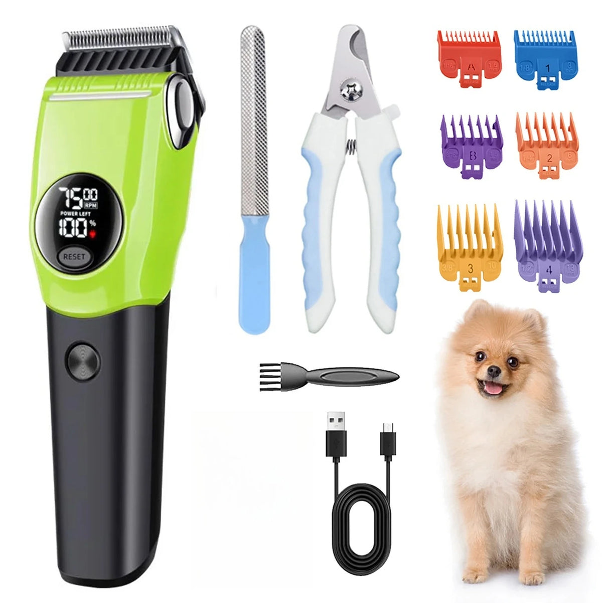 A professional pet hair clipper in lime green and black with various attachments and a fluffy dog.