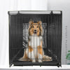 A black wire dog crate with a transparent cover showing a fluffy dog looking out.