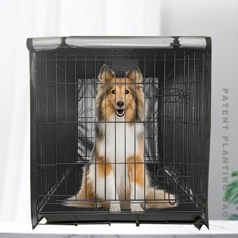 A black wire dog crate with a transparent cover showing a fluffy dog looking out.