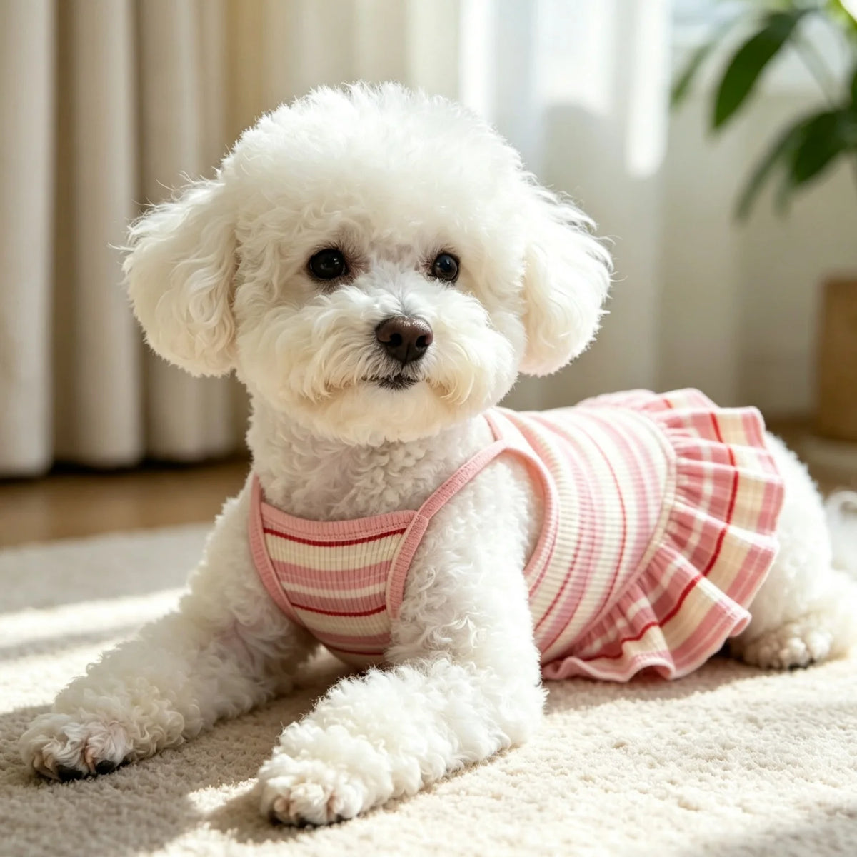 A fluffy white dog wearing a pink and white striped ruffle hem dress lying on a light rug.