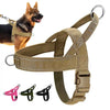 A tan tactical anti-pull dog harness is shown with a dog wearing it, alongside smaller versions of the same harness.