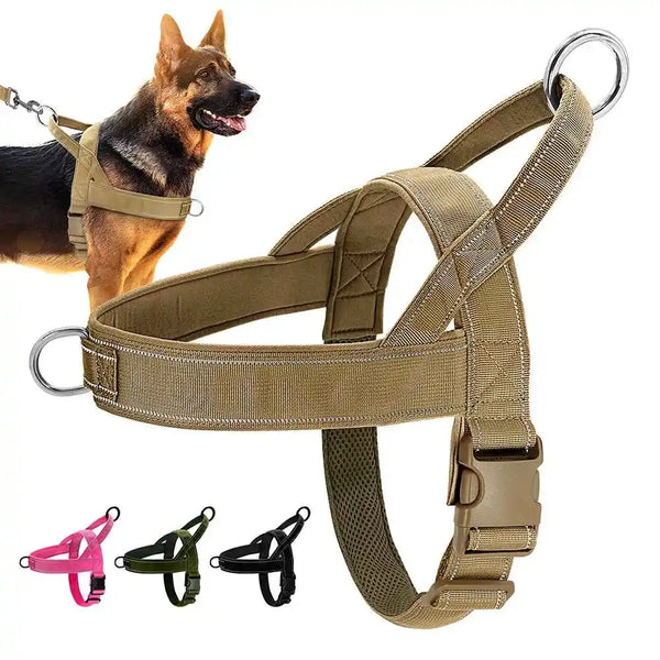 A tan tactical anti-pull dog harness is shown with a dog wearing it, alongside smaller versions of the same harness.