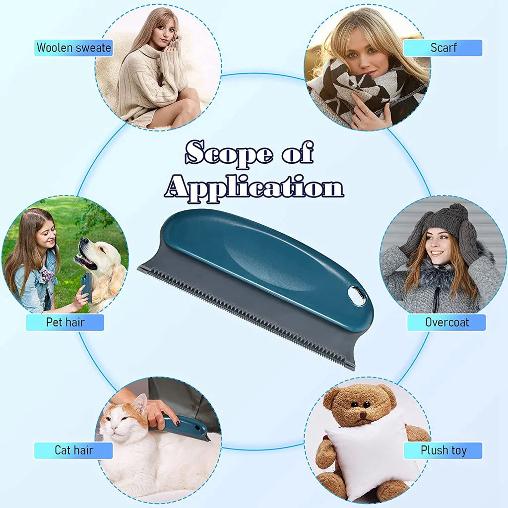 A manual lint remover brush is shown with various applications including on wool sweater, scarf, pet hair, coat, and cat hair