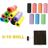 A collection of colorful reusable pet poop bags in various rolls and colors.