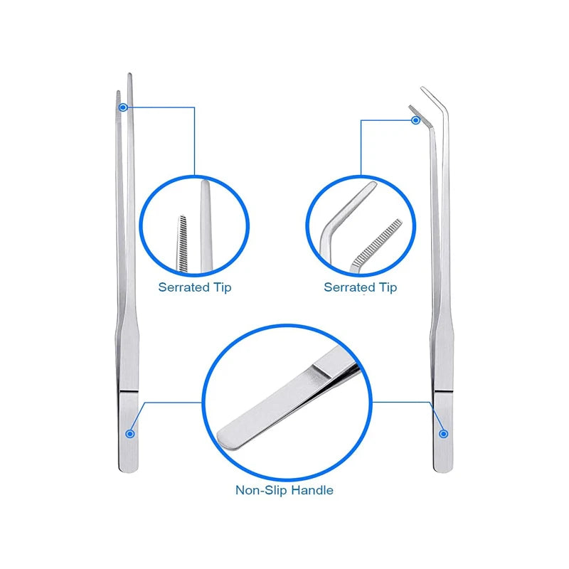 Stainless steel aquarium tweezers set showing various tips and a non-slip handle.