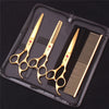 A set of professional stainless steel pet grooming scissors and a comb displayed in a black zippered pouch.