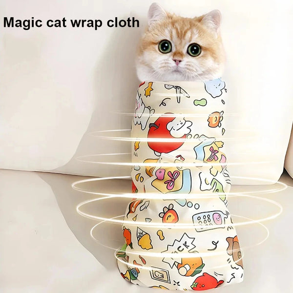 A fluffy orange kitten is wrapped in a colorful, self-adhesive fabric pet swaddle wrap.