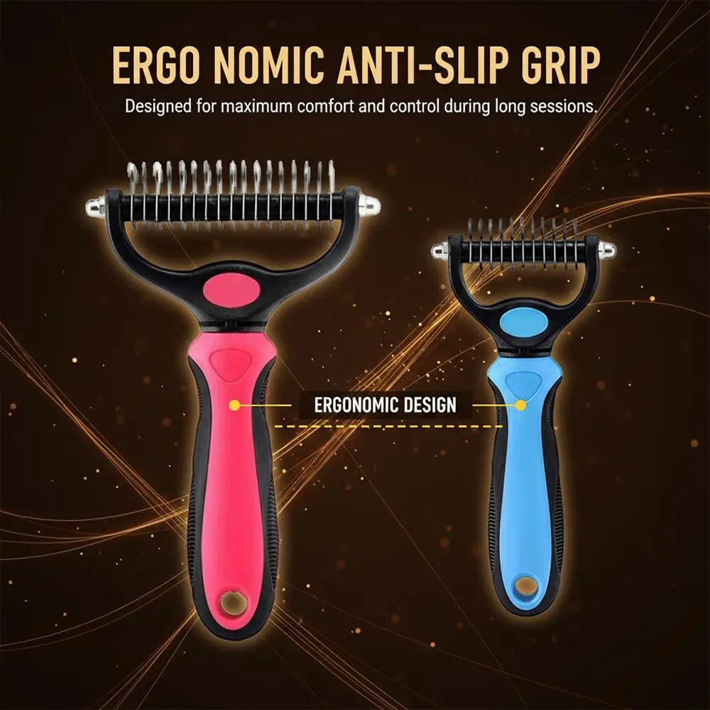 A pair of ergonomic anti-slip grips for a grooming comb, shown against a dark background.