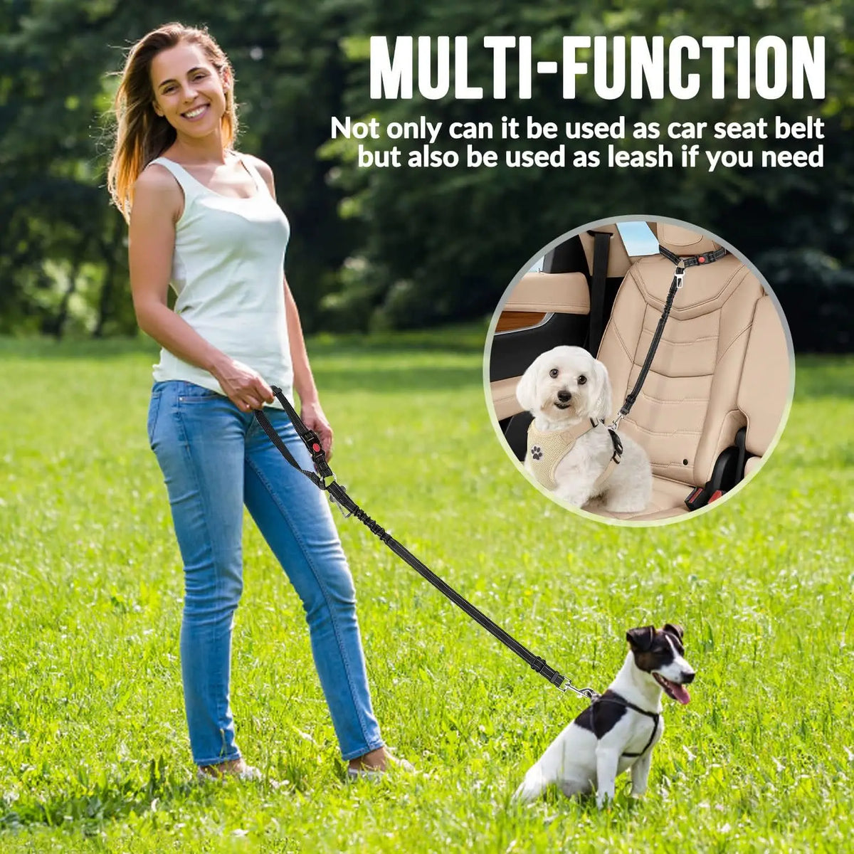 A woman is demonstrating an adjustable dog car seat belt product, showing its use for both car seats and leashes.