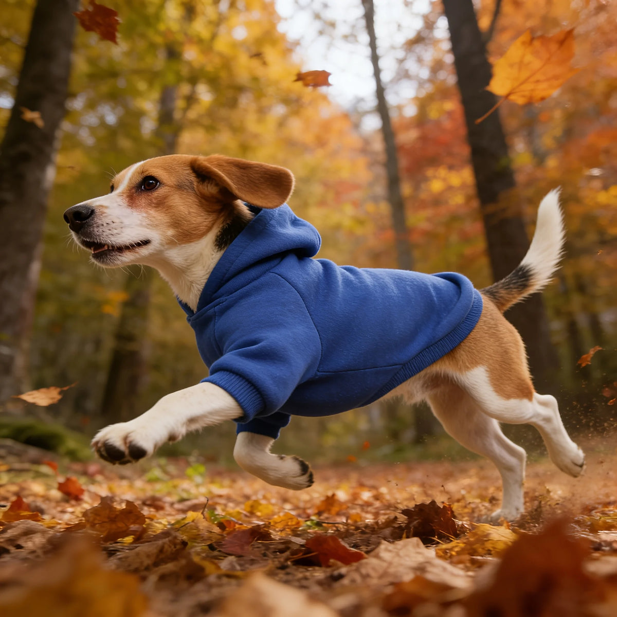 A brown and white dog wearing a blue hooded sweatshirt running through an autumn forest.