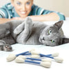 A gray cat is lying on a white surface next to a set of blue and white interactive cat teaser wands.