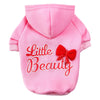 Pink custom letter print dog hoodie with a red bow on the chest