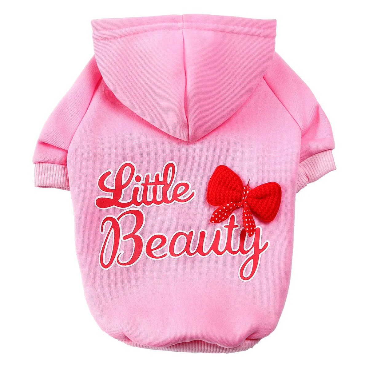 Pink custom letter print dog hoodie with a red bow on the chest