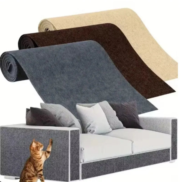 A self-adhesive cat scratching mat is shown protecting furniture, with a tabby cat nearby.