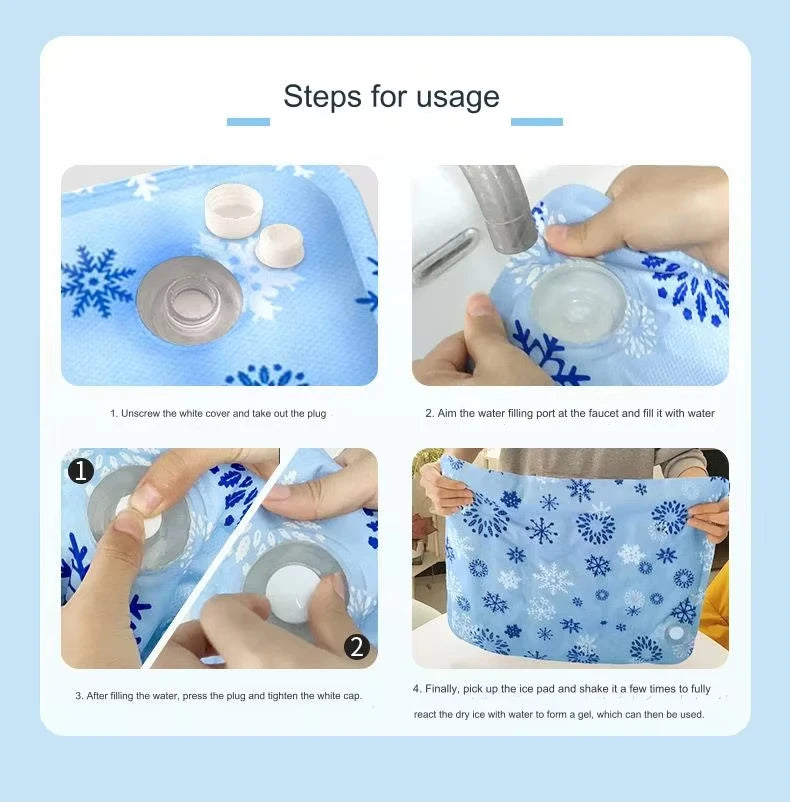 Instructions showing how to use a pet cooling mat by filling it with water and using the ice pad