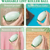 A light green gel lint roller ball is shown being used to remove pet hair, food residue, clothing hair, and dust from surface