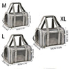Portable pet carrier bags in gray and black, shown in medium (M), large (L), and extra-large (XL) sizes.
