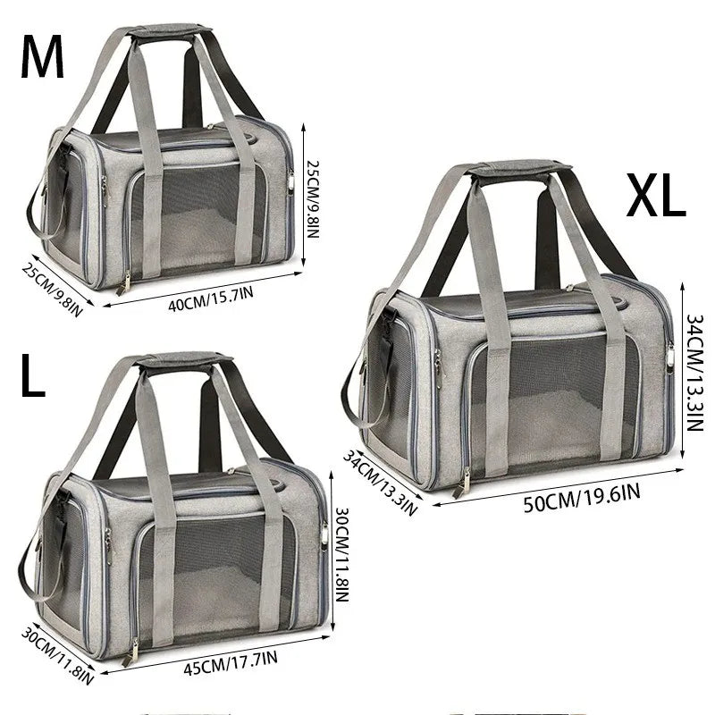 Portable pet carrier bags in gray and black, shown in medium (M), large (L), and extra-large (XL) sizes.