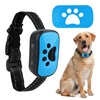 A black dog bark collar with a blue electronic component and a paw print icon, next to a happy golden retriever.