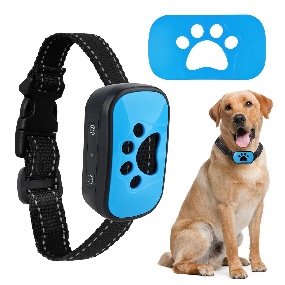 A black dog bark collar with a blue electronic component and a paw print icon, next to a happy golden retriever.