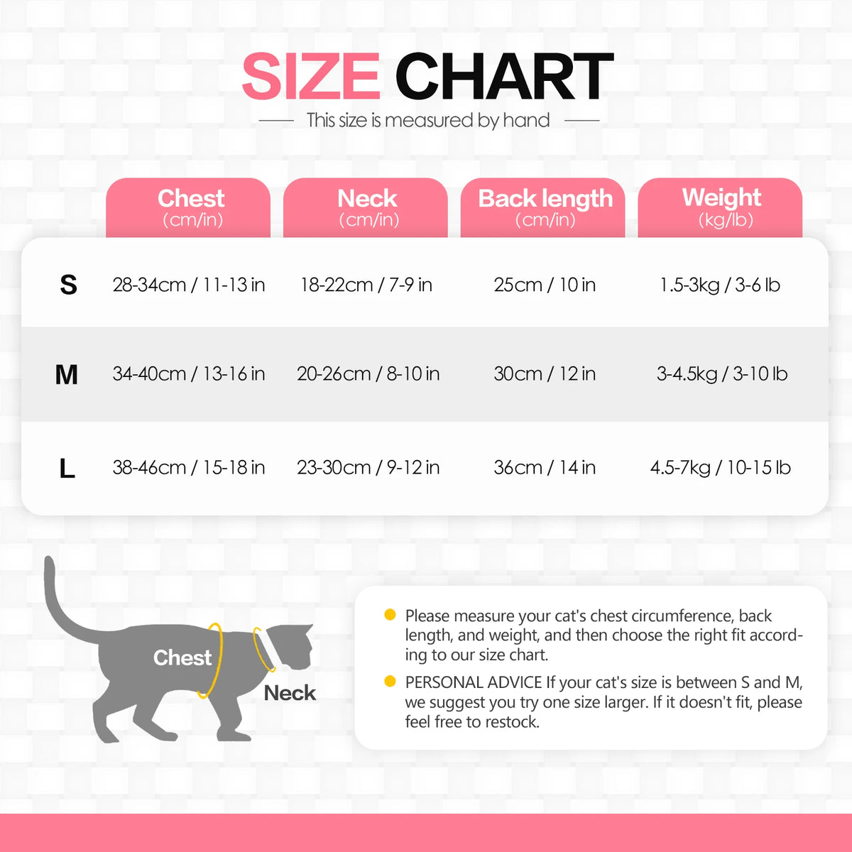 Size chart for specialized recovery vest for cats showing measurements for sizes S, M, and L