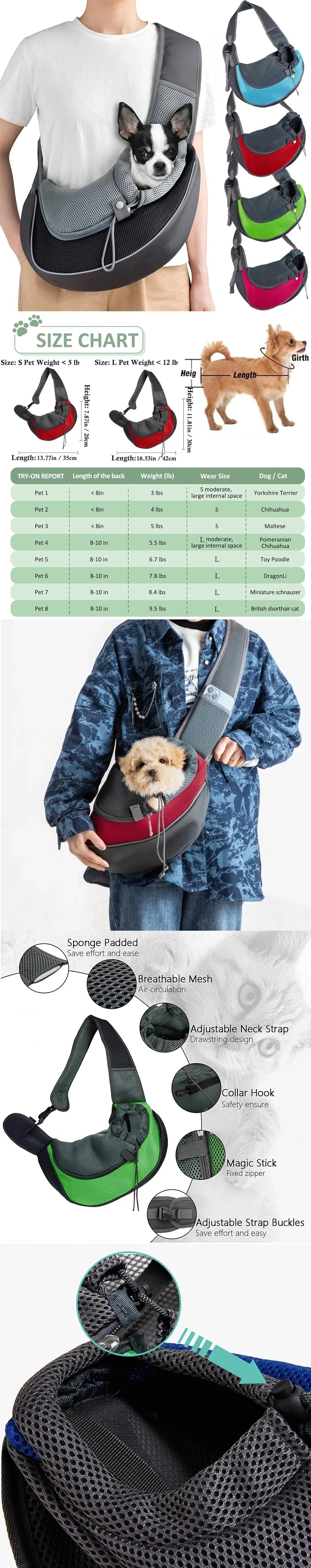Graue, atmungsaktive Pet-Tragetasche für Hunde und Katzen, gezeigt mit einem Hund, der sie trägt.