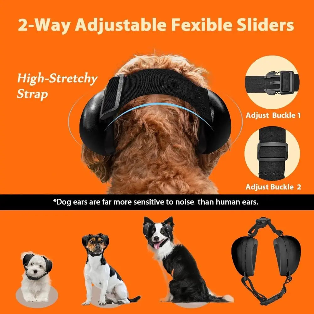 Two adjustable flexible sliders for dog ear muffs shown with various dog breeds.