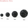 A set of black strawberry bio balls for aquarium water filtration, shown in various sizes from 16mm to 46mm.