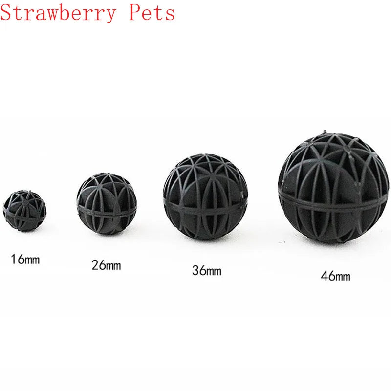 A set of black strawberry bio balls for aquarium water filtration, shown in various sizes from 16mm to 46mm.