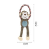 A plush toy resembling a monkey with a striped bow and long limbs, designed as an interactive squeaky chew toy.