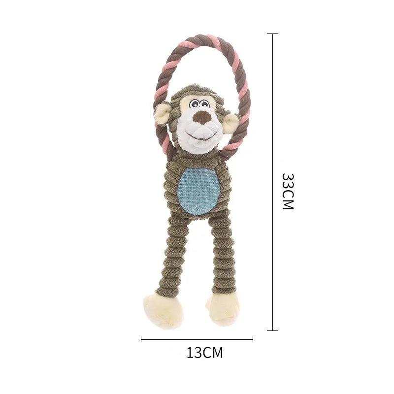 A plush toy resembling a monkey with a striped bow and long limbs, designed as an interactive squeaky chew toy.
