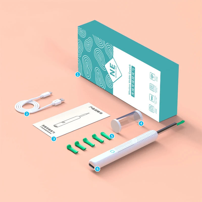 Eine Box und verschiedene Komponenten eines smarten visuellen Ohrenreinigungsgeräts auf pinkem Hintergrund.