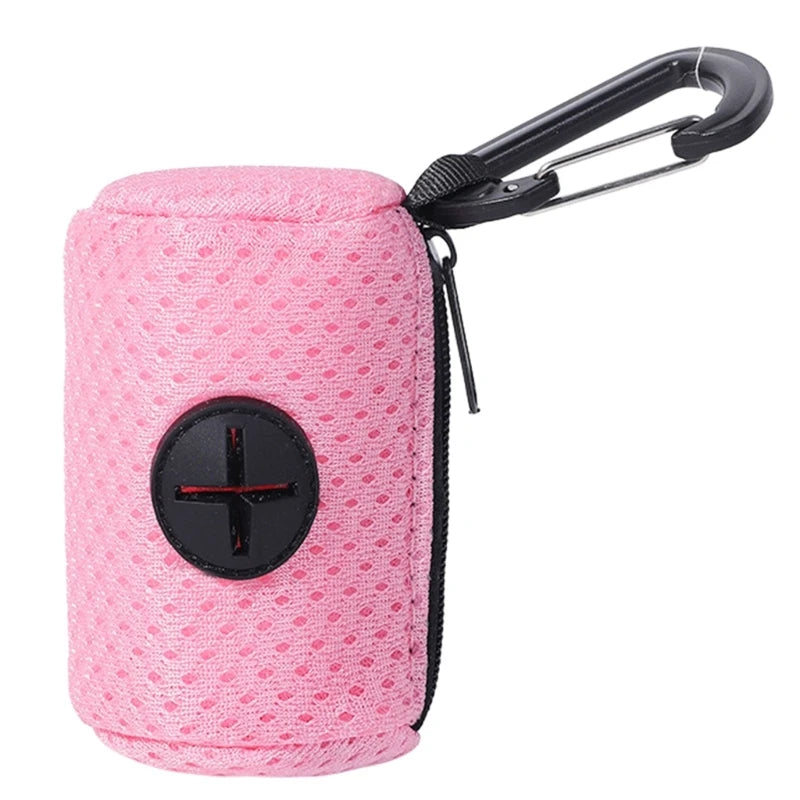 Pink mesh pet waste bag dispenser with a black magnetic closure and a leash clip.
