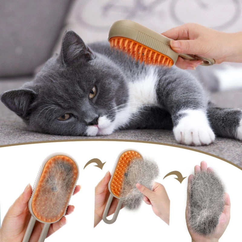 A hand is using a grooming brush with a steam spray on a gray and white cat's fur.