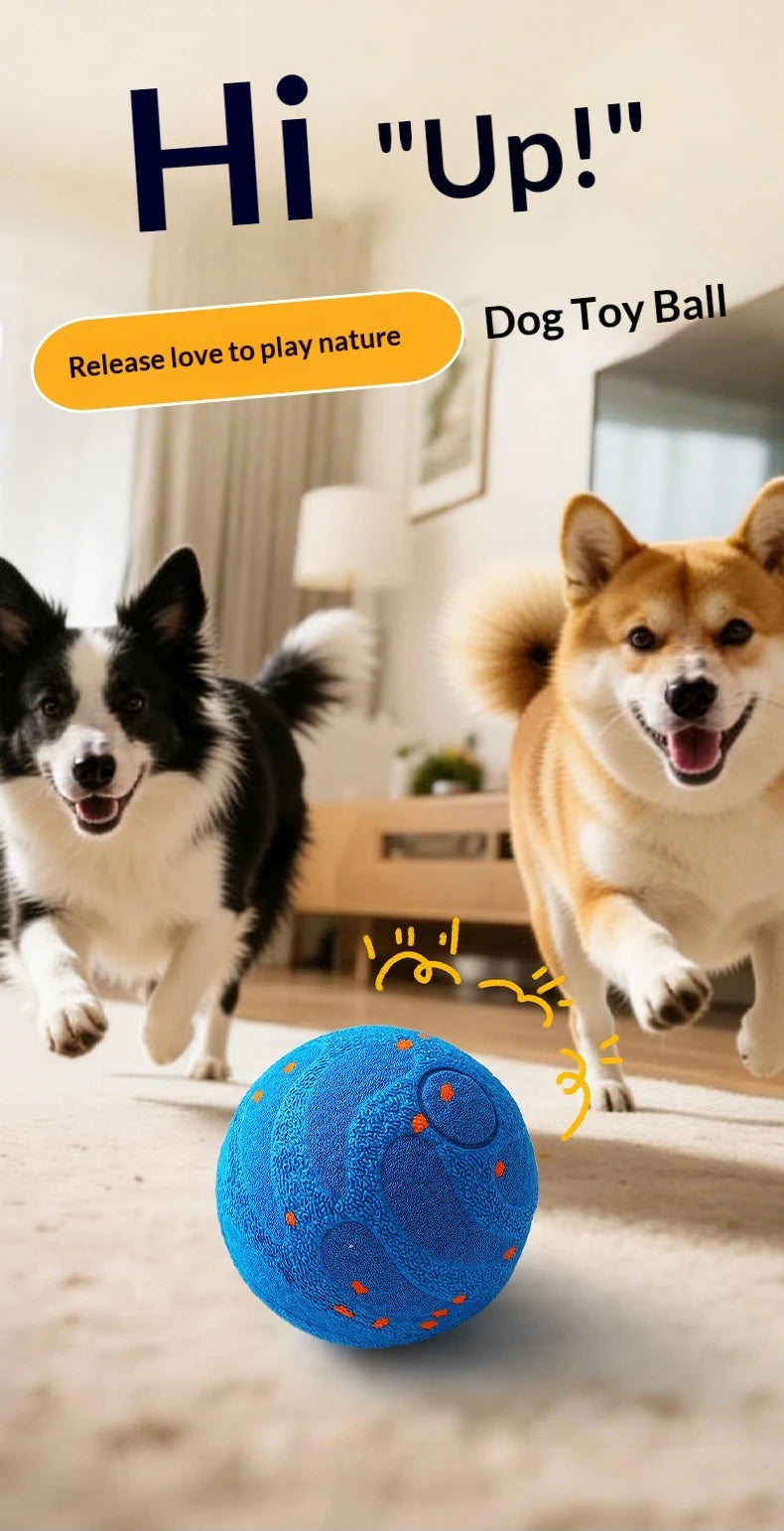 A fluffy dog is playing with a blue, textured dog toy ball indoors.