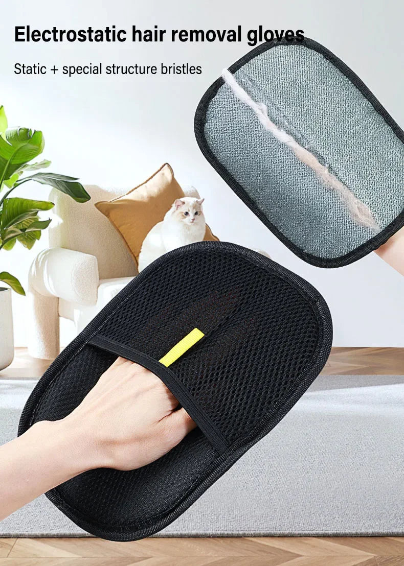 A hand is wearing a black electrostatic hair removal glove designed for pets.